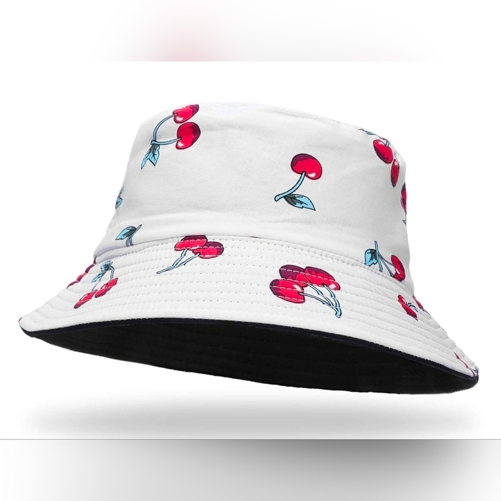 Reversible Cherry Print Bucket Hat, White & Black Cotton, Foldable Fisherman Hat